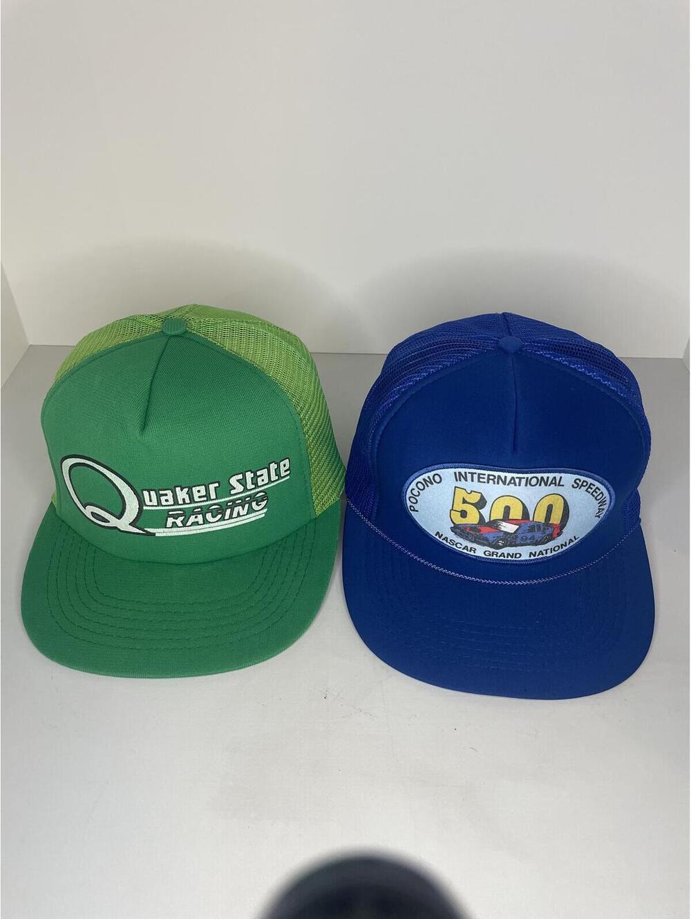 Vintage Quaker State Racing & Indy 500 Blue and Green Mesh Snapback Hats - Set